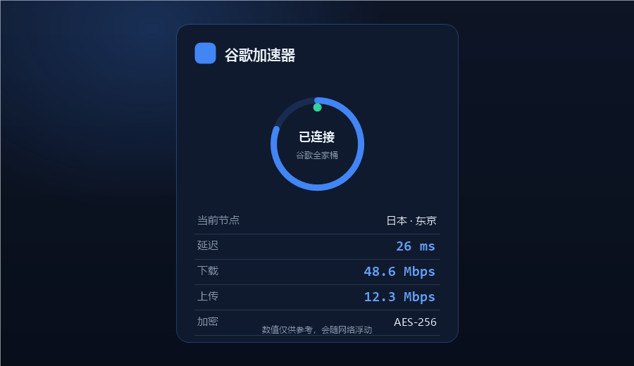 谷歌加速器客户端连接界面，已接入日本东京节点显示延迟下载上传速度和AES加密